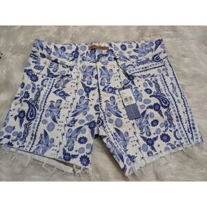 Rebecca Minkoff Crosby Denim Shorts‎ Blu Floral Print Frayed Size 29 NWT